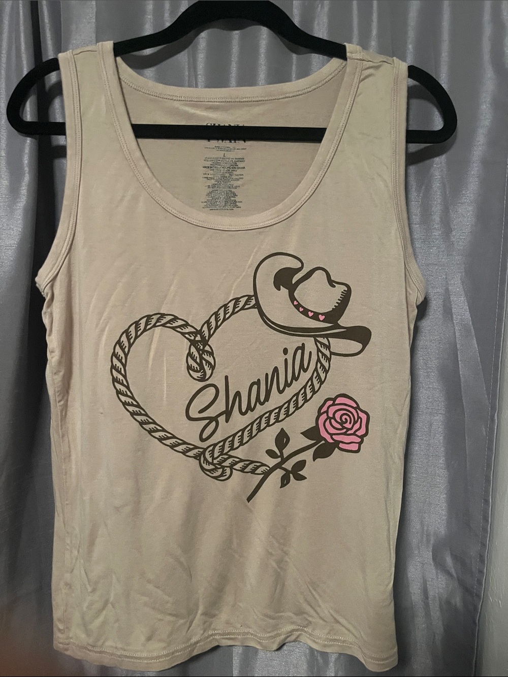 Cream Women's Graphic Tank Top with Pink Rose Accent